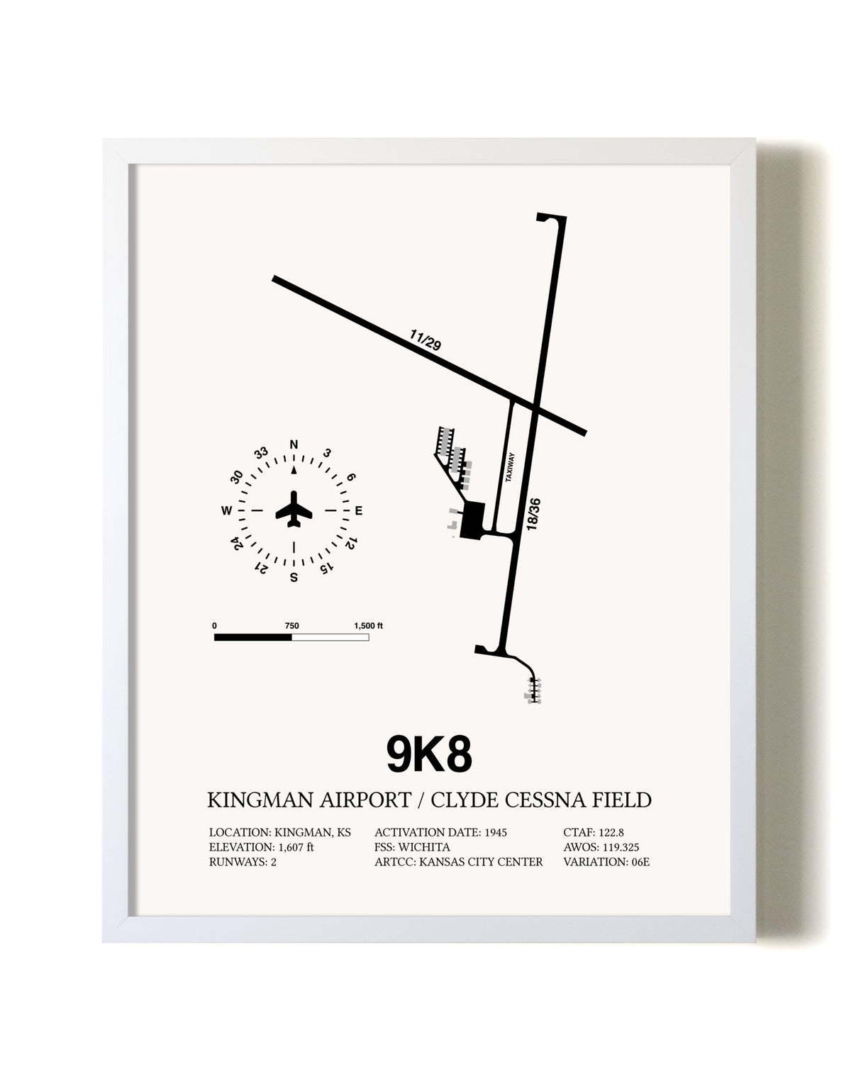 Kingman Airport / Clyde Cessna Field airport map poster in oak frame