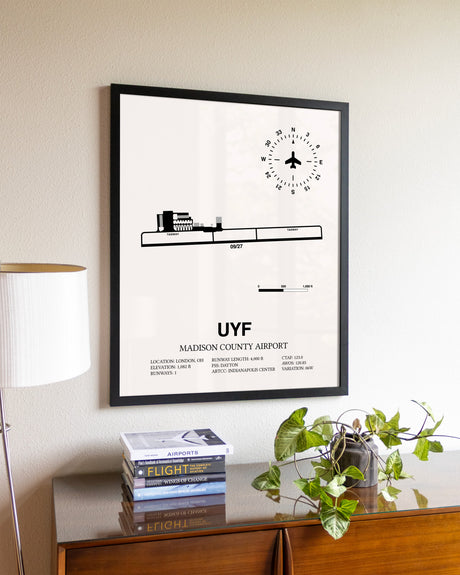 Madison County Airport aviation wall décor in black wood frame