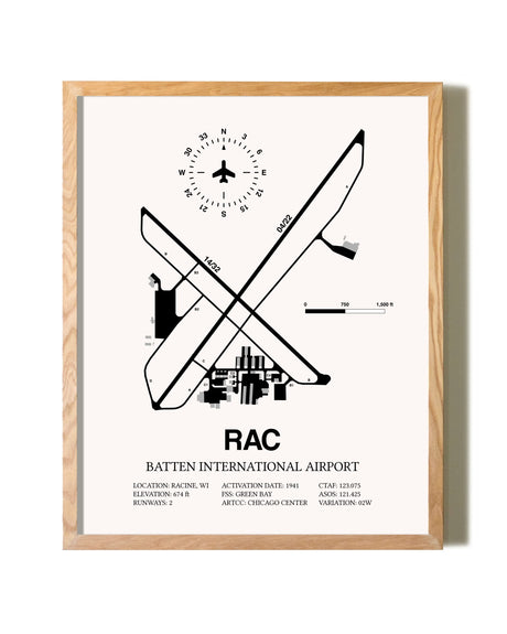 Batten International Airport framed print in natural wood frame