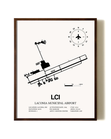 Laconia Municipal Airport aviation print in walnut frame