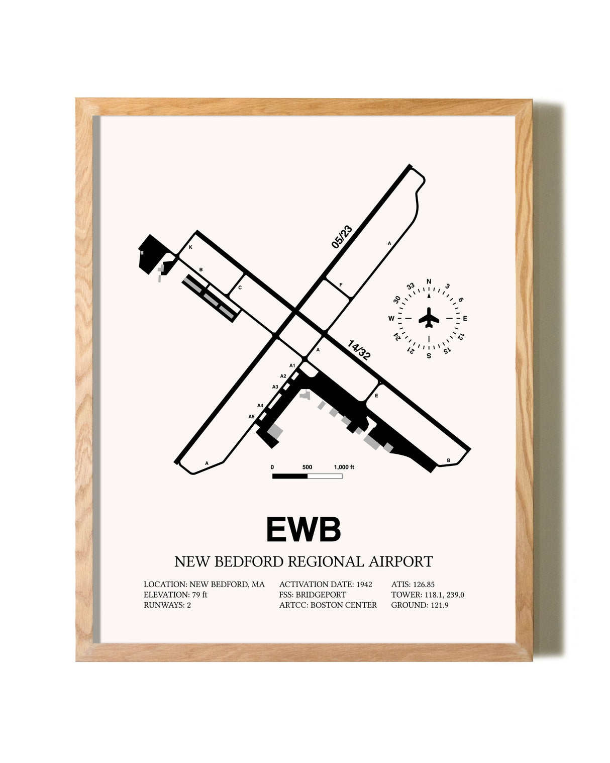 New Bedford Regional Airport framed print in natural wood frame