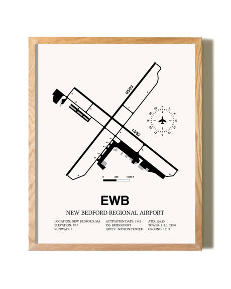 New Bedford Regional Airport framed print in natural wood frame