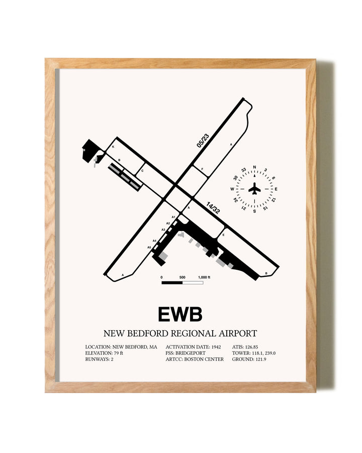 New Bedford Regional Airport framed print in natural wood frame