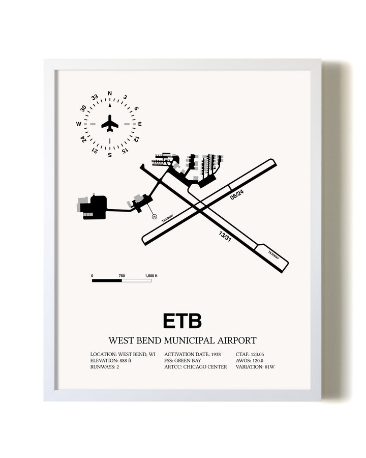 West Bend Municipal Airport airport map poster in oak frame