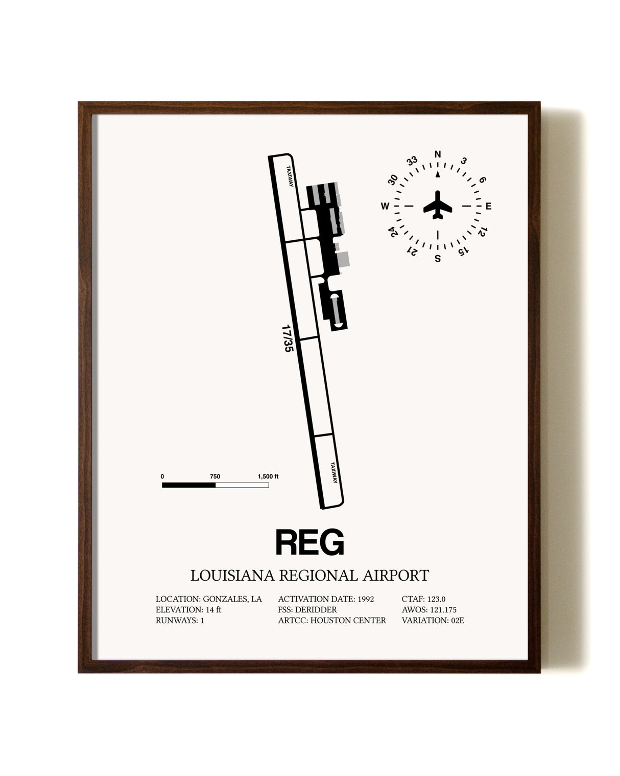 Louisiana Regional Airport aviation print in walnut frame