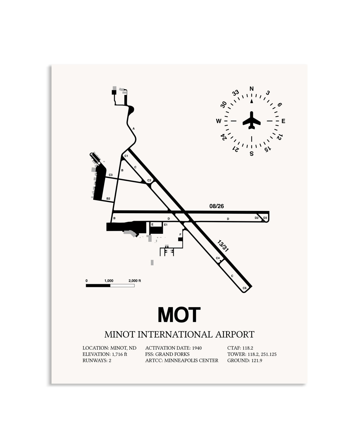 Gray Minot International Airport framed poster displayed in an airplane hangar