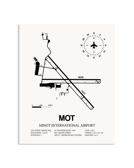 Gray Minot International Airport framed poster displayed in an airplane hangar
