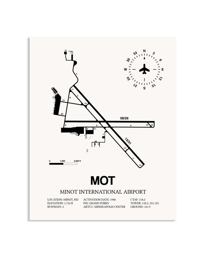 Gray Minot International Airport framed poster displayed in an airplane hangar