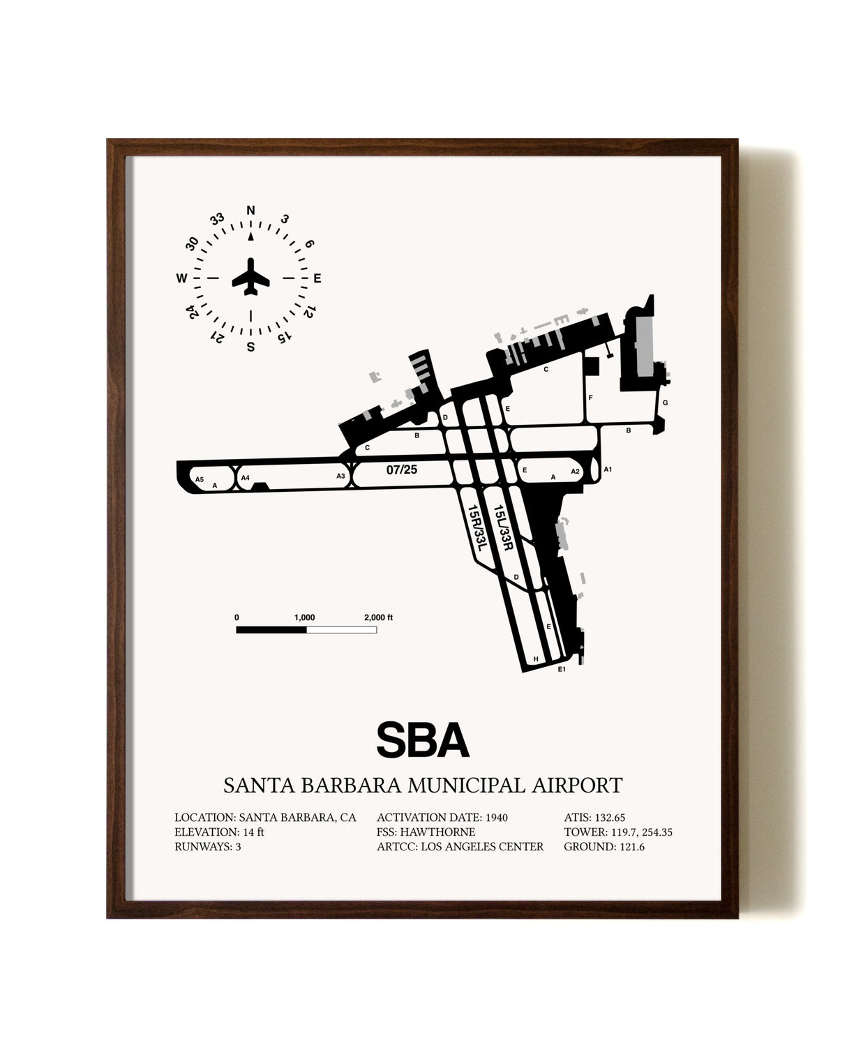 Santa Barbara Municipal Airport aviation print in walnut frame