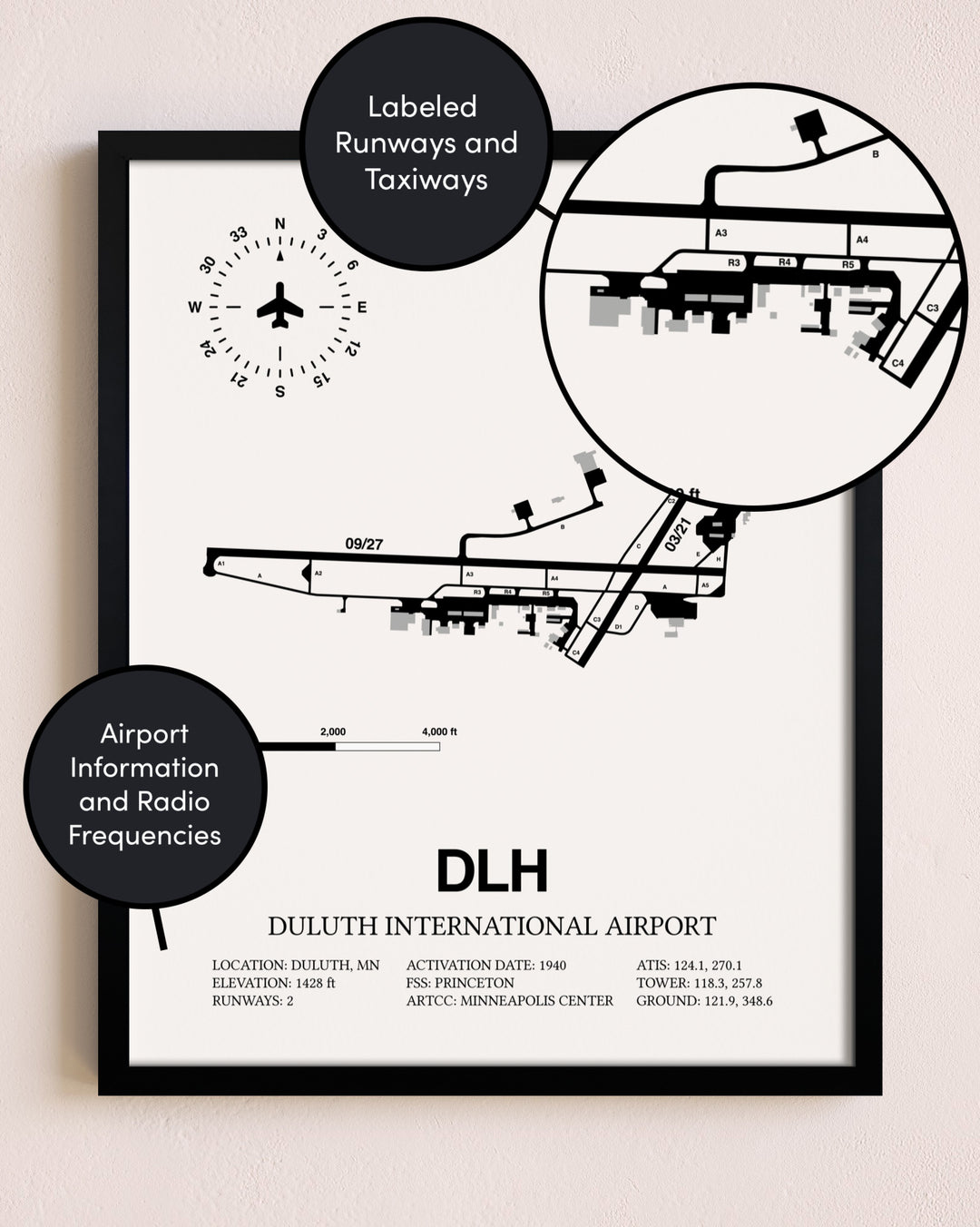Framed Duluth International Airport layout wall art poster