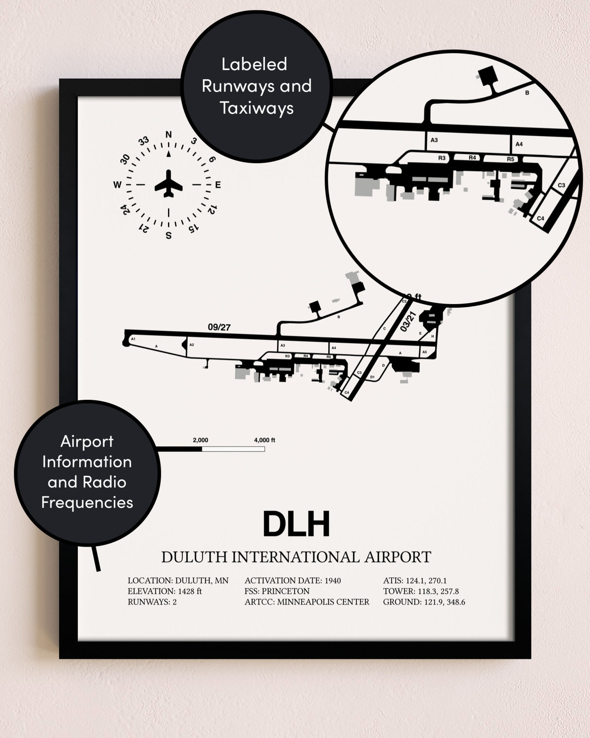 Framed Duluth International Airport layout wall art poster