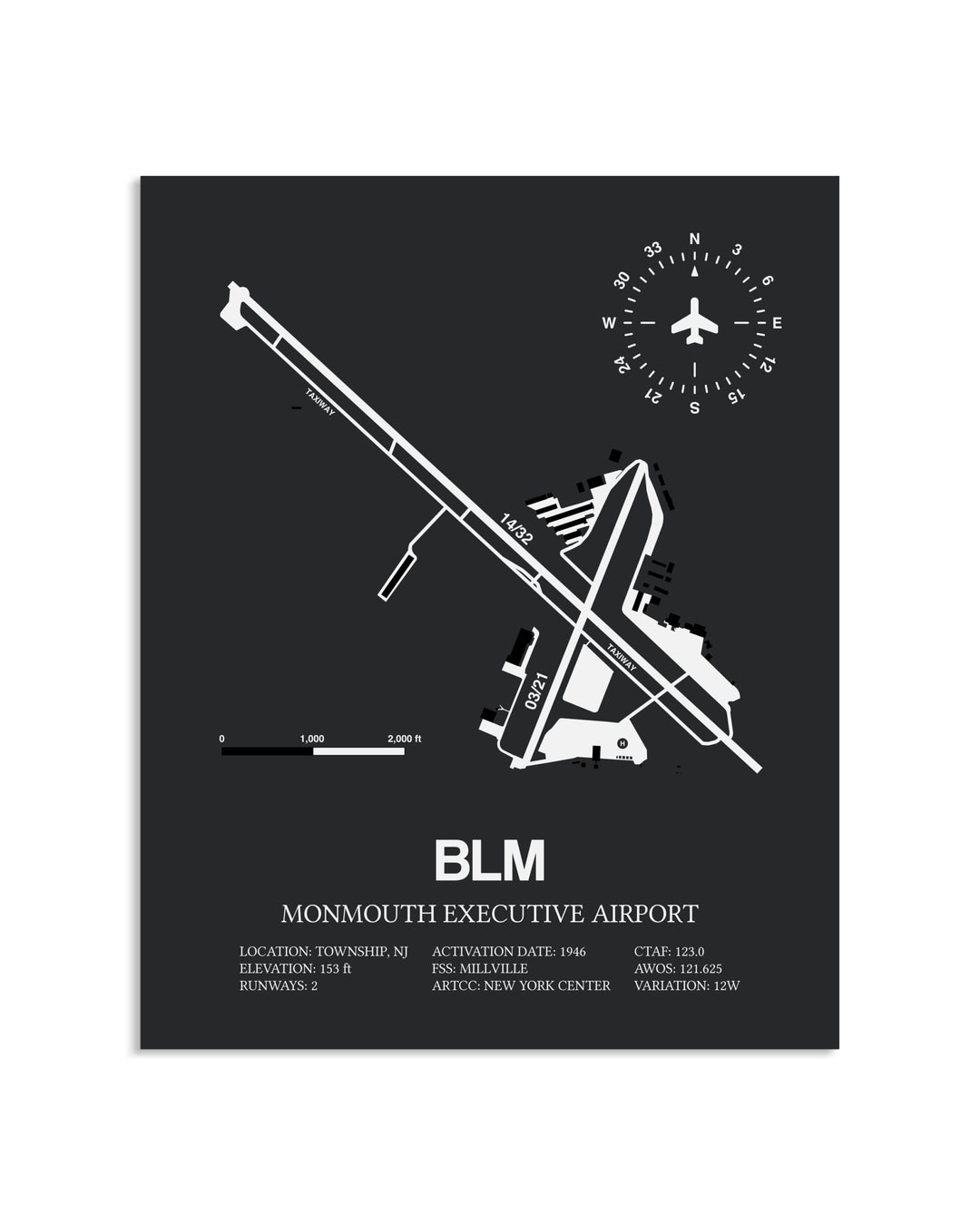 Gray Framed Monmouth Executive Airport layout wall art poster