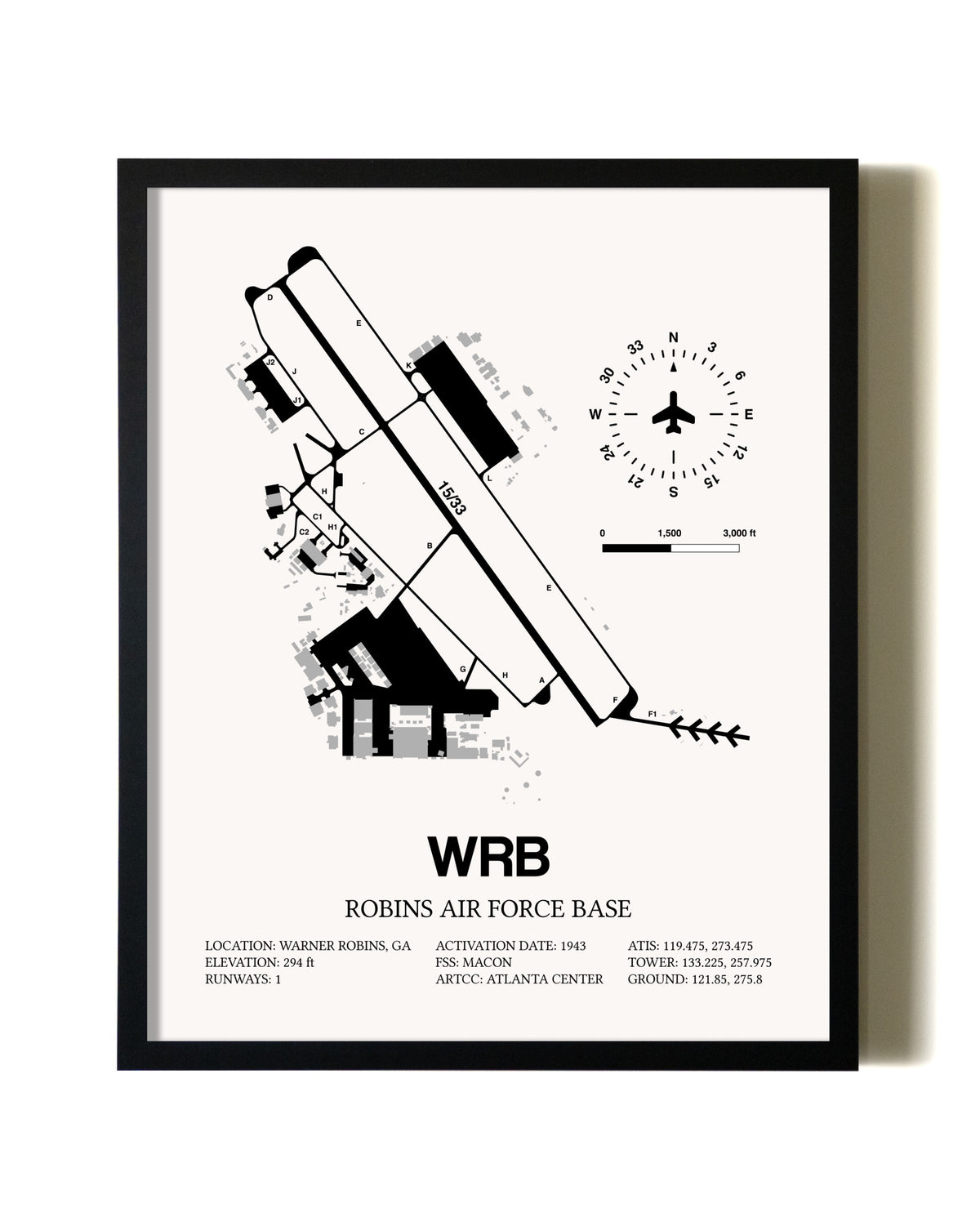 Framed Robins Air Force Base wall art poster in black frame