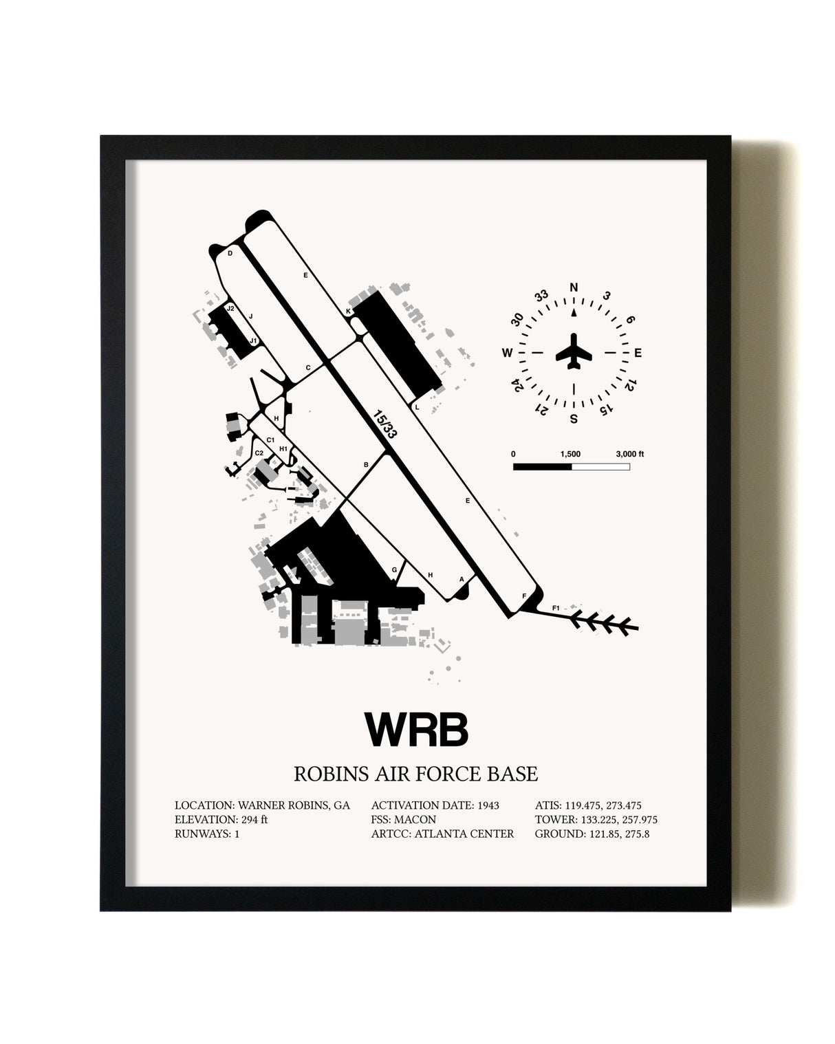 Framed Robins Air Force Base wall art poster in black frame