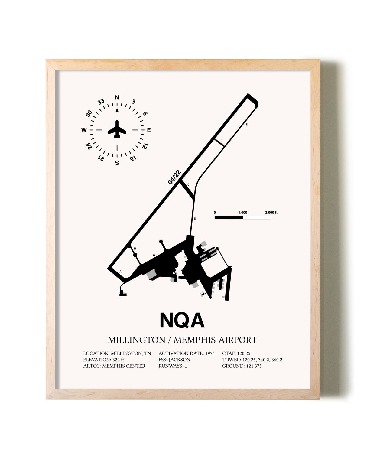 Millington / Memphis Airport framed wall art in white frame