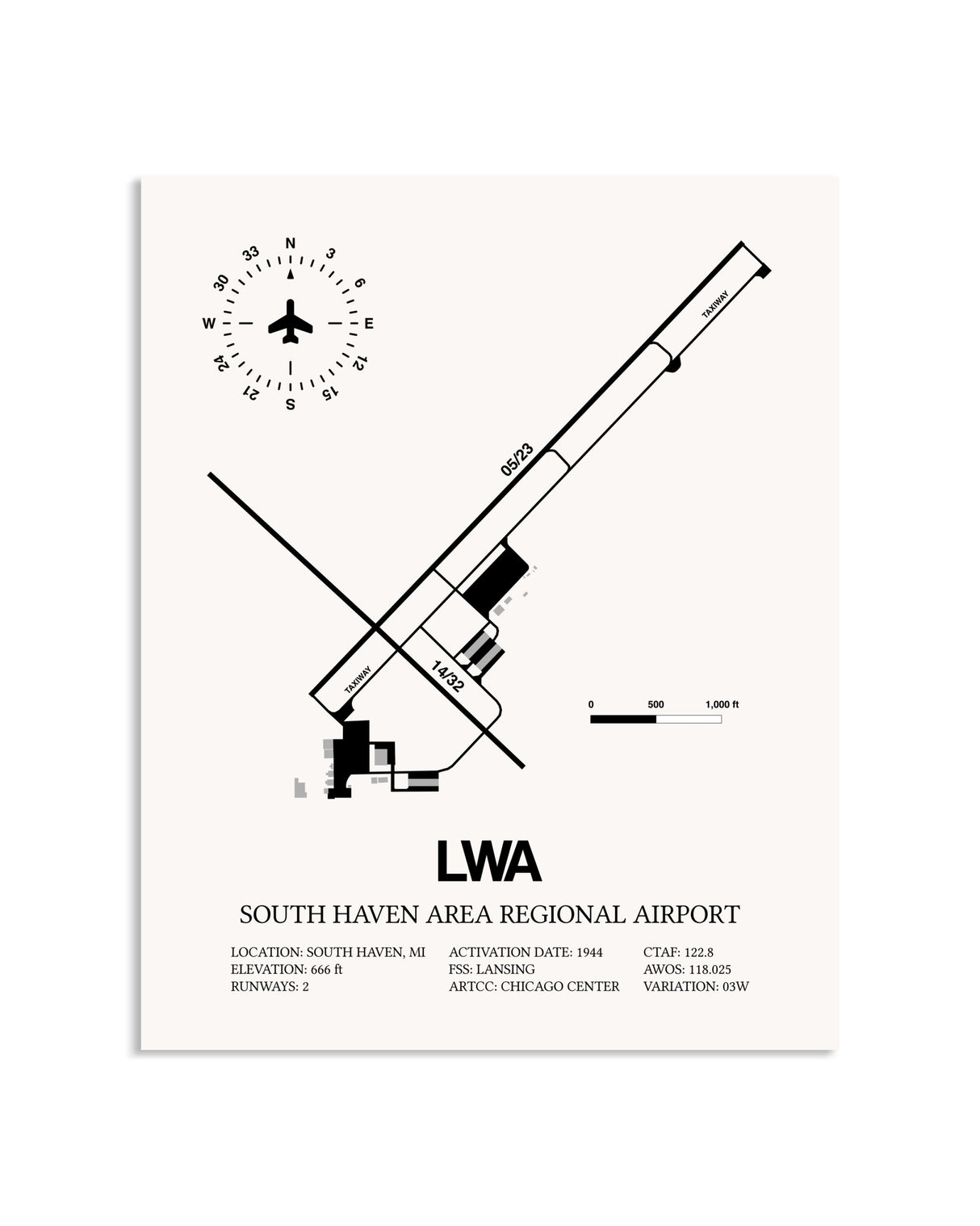 Gray South Haven Area Regional Airport framed poster displayed in an airplane hangar