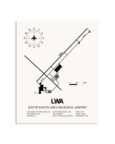 Gray South Haven Area Regional Airport framed poster displayed in an airplane hangar