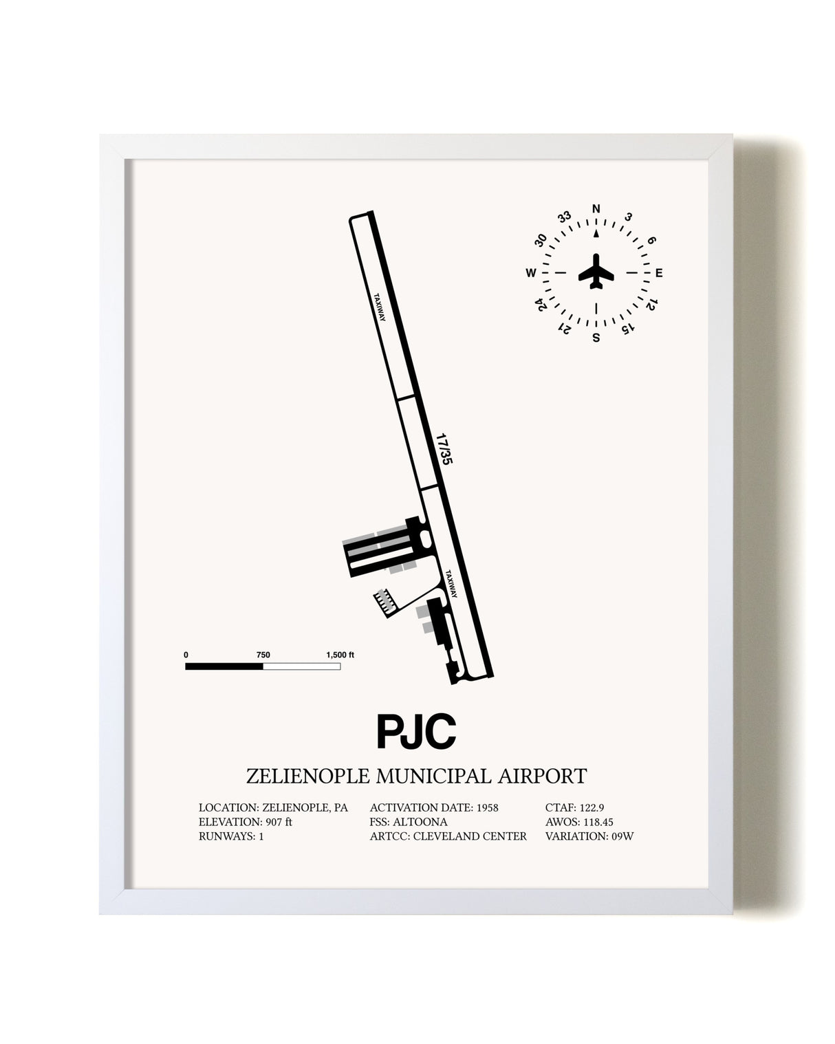 Zelienople Municipal Airport airport map poster in oak frame