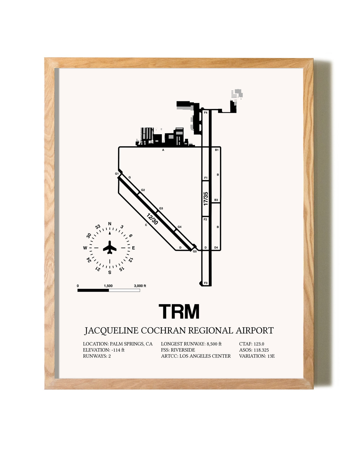 Jacqueline Cochran Regional Airport framed print in natural wood frame