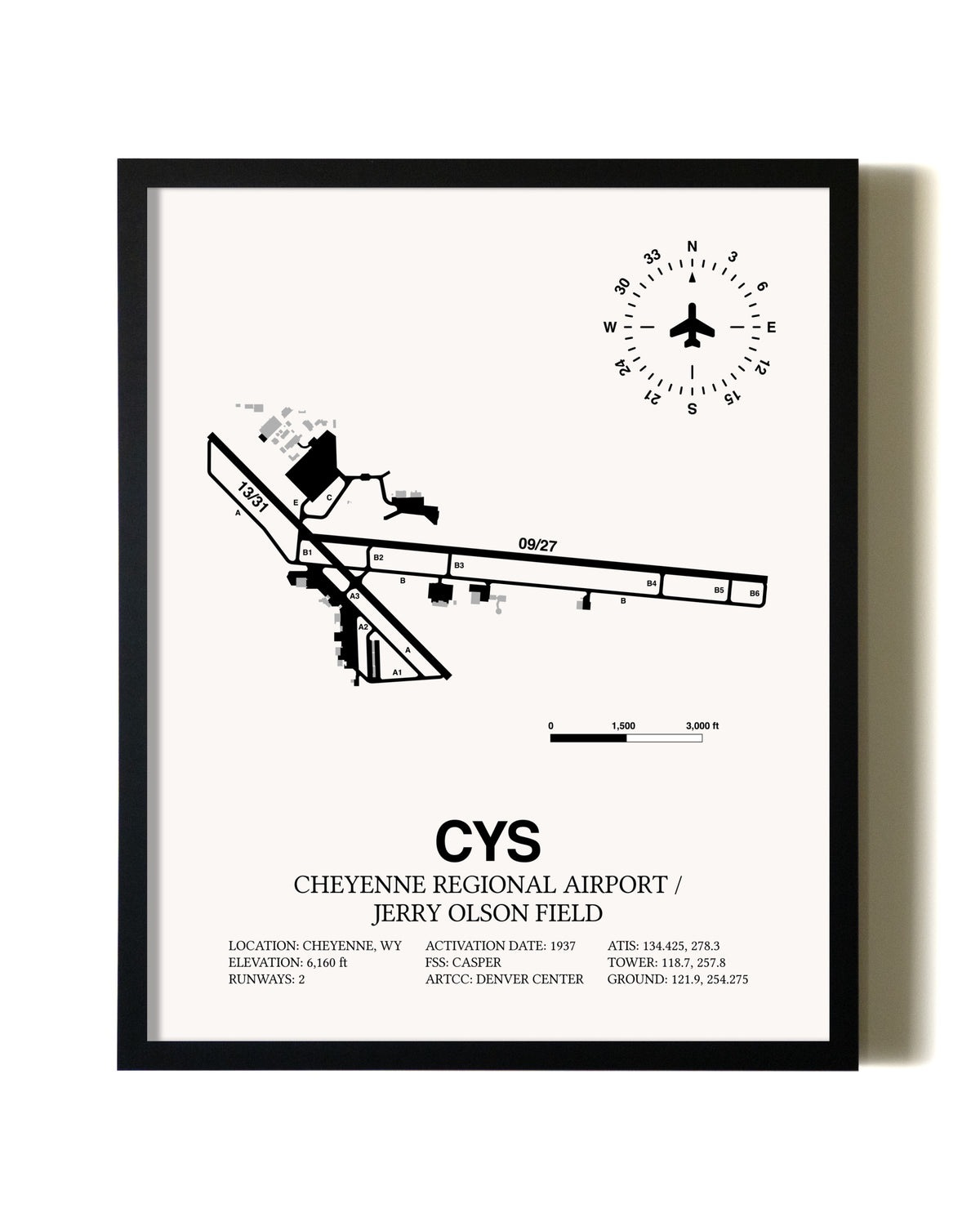 Framed Cheyenne Regional Airport / Jerry Olson Field wall art poster in black frame