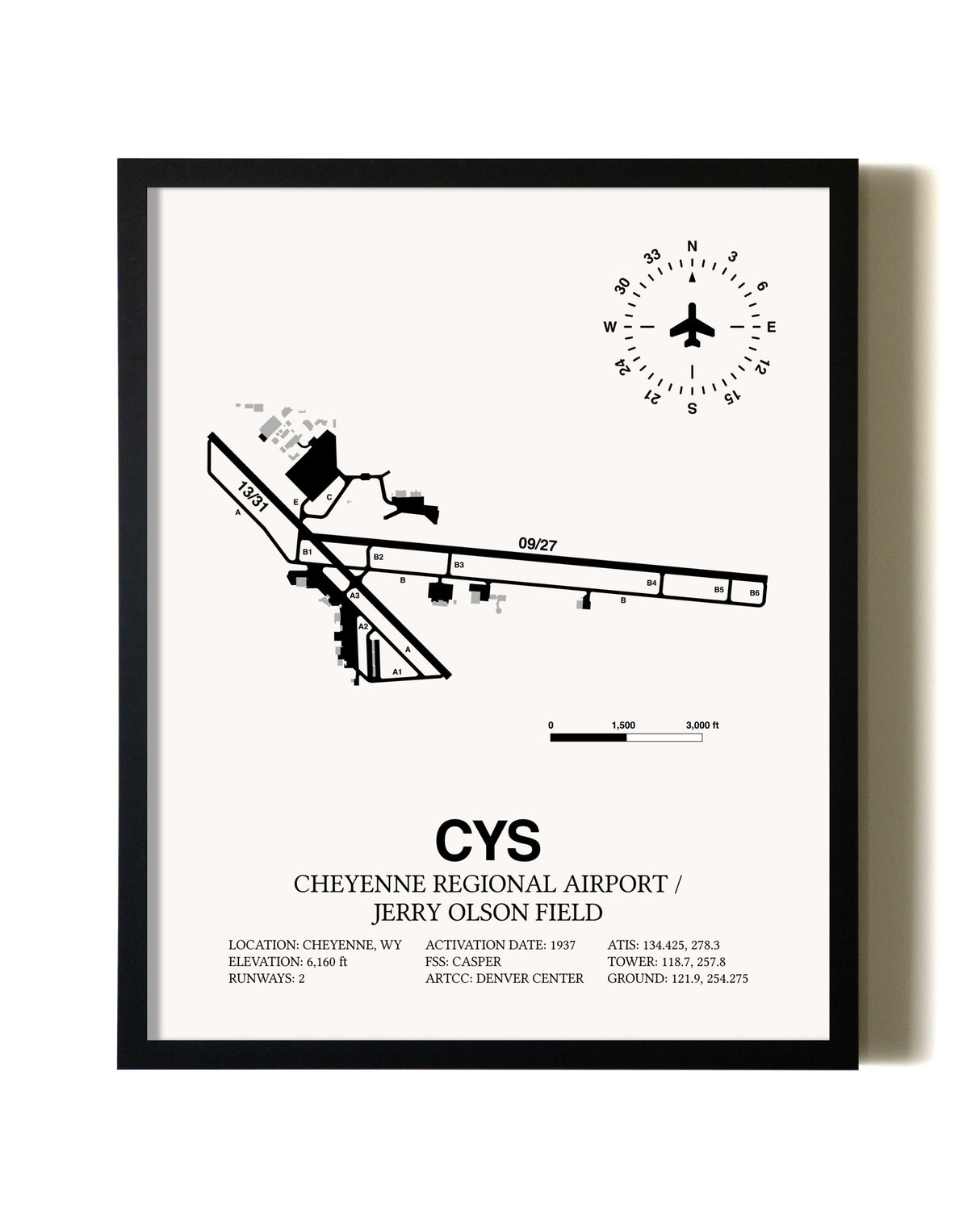 Framed Cheyenne Regional Airport / Jerry Olson Field wall art poster in black frame