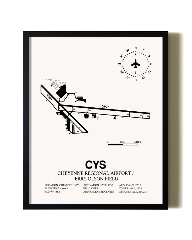 Framed Cheyenne Regional Airport / Jerry Olson Field wall art poster in black frame