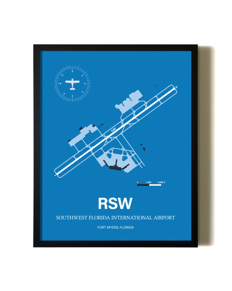 Sky Blue Southwest Florida International Airport aviation wall décor in black wood frame