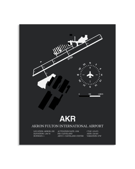 Gray Framed Akron Fulton International Airport layout wall art poster