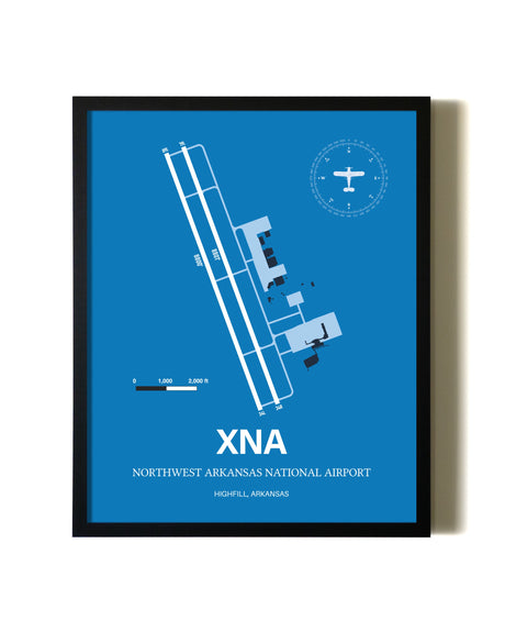 Sky Blue Northwest Arkansas National Airport aviation wall décor in black wood frame