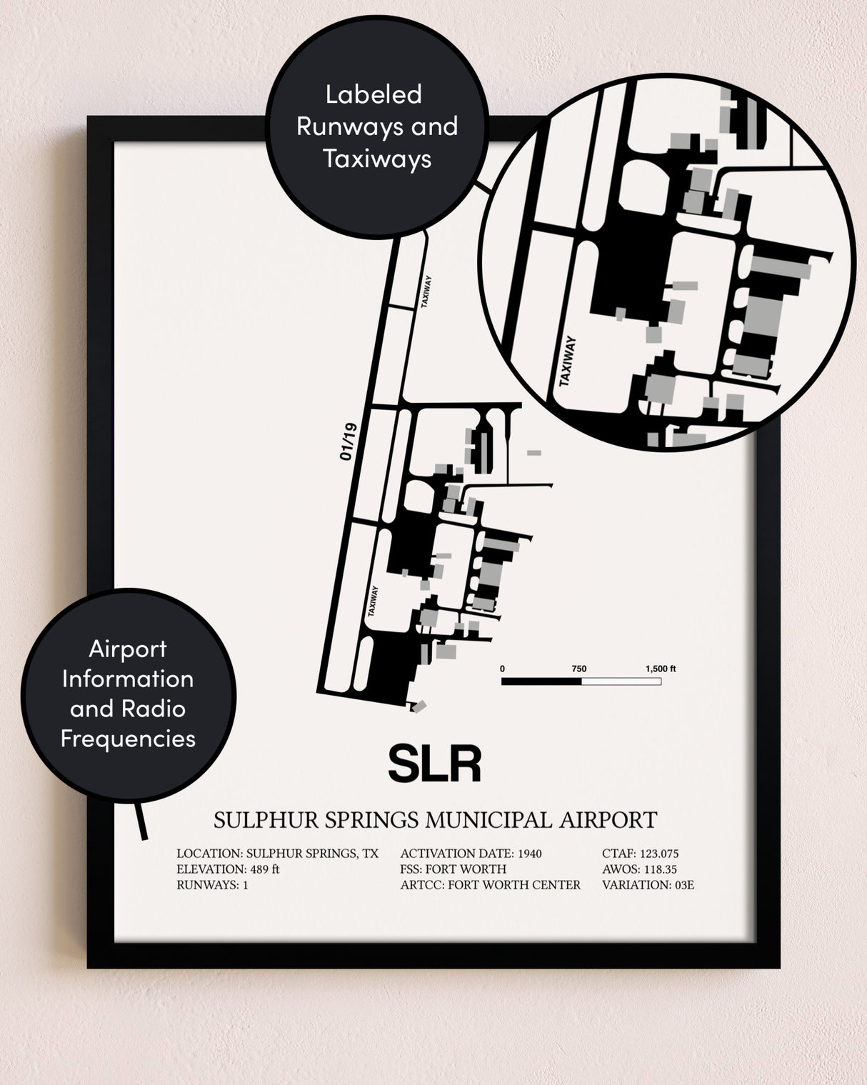 Framed Sulphur Springs Municipal Airport layout wall art poster