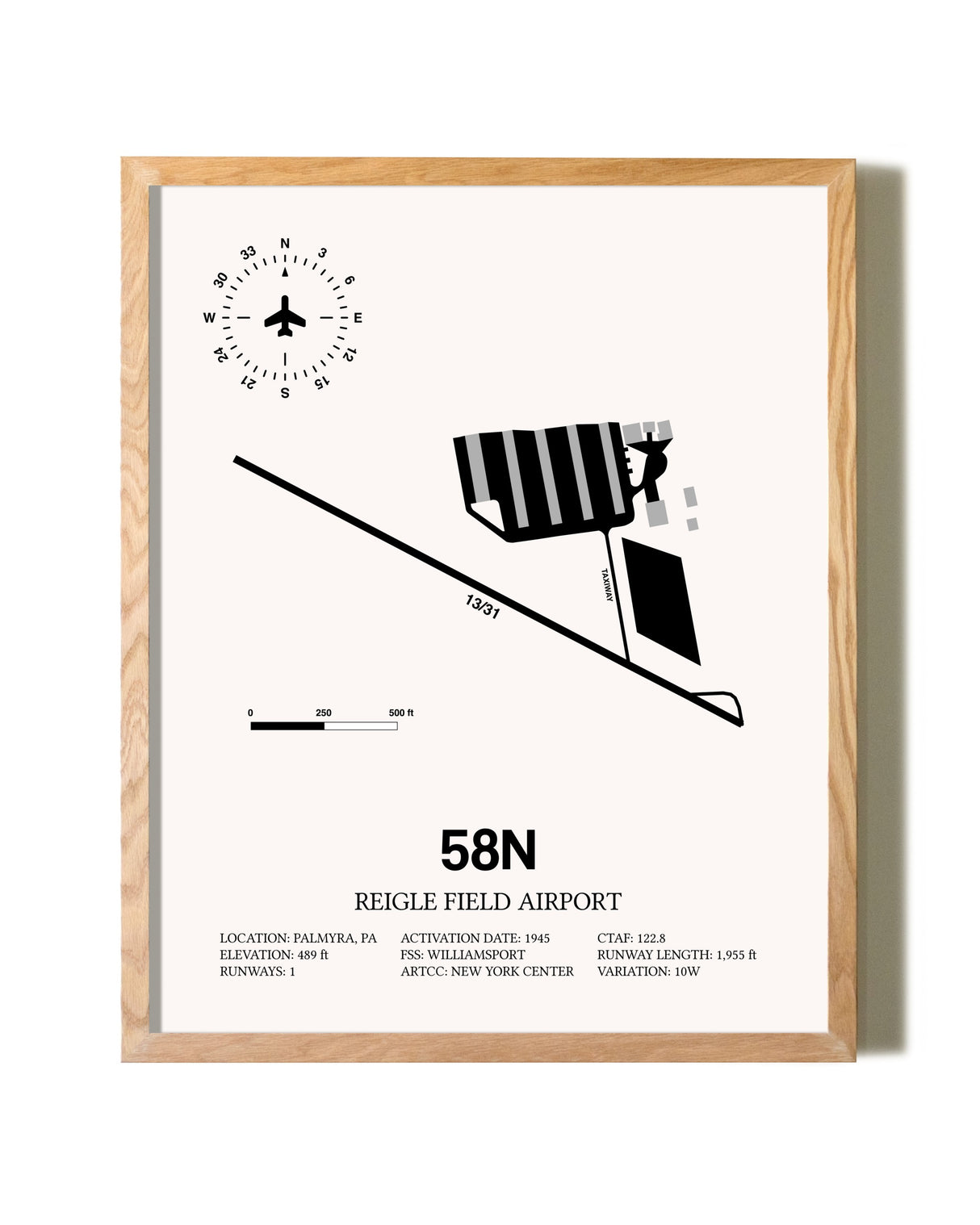 Reigle Field Airport framed print in natural wood frame