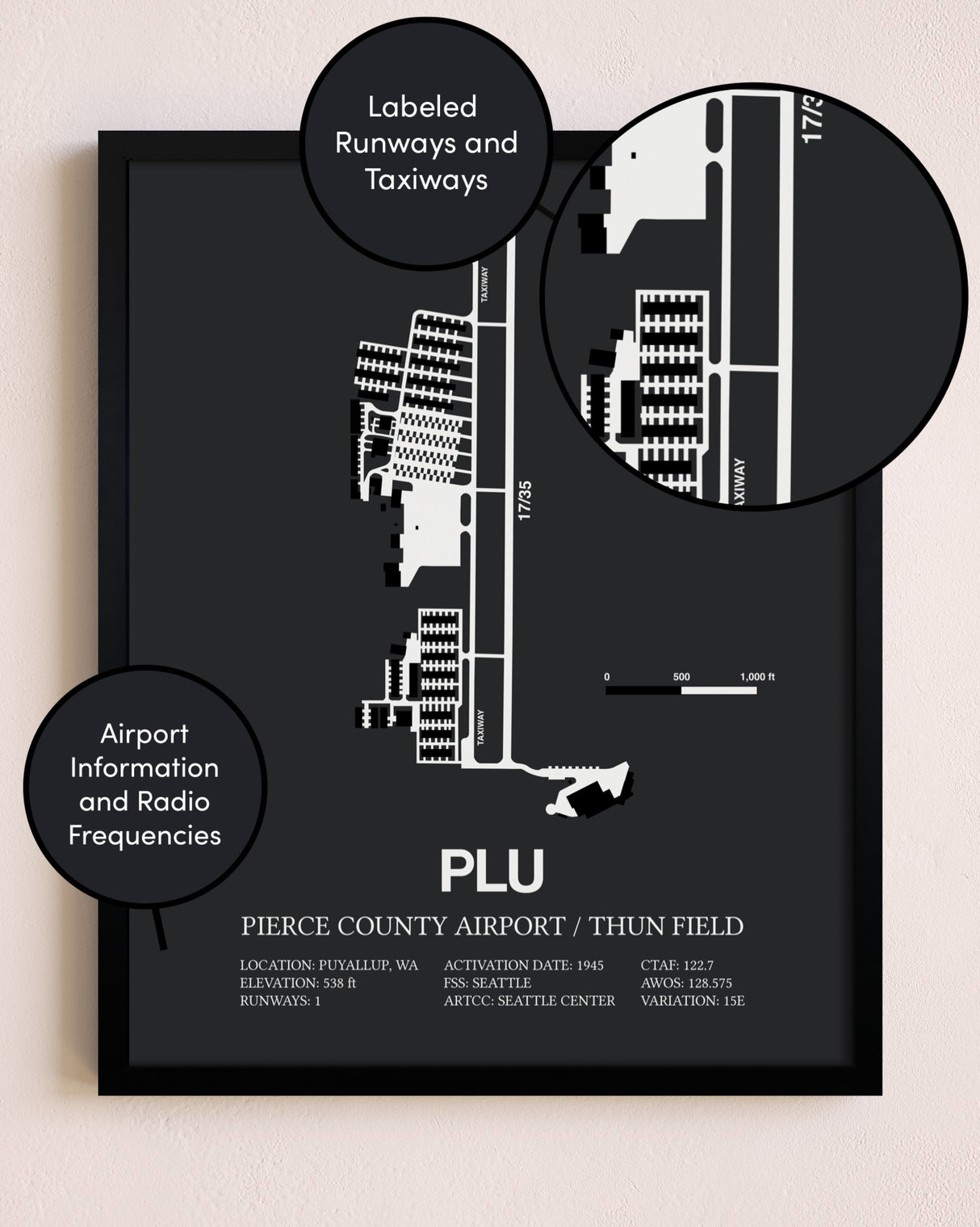 Pierce County Airport / Thun Field poster size comparison chart
