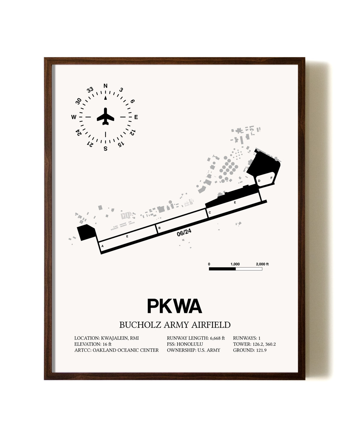 Bucholz Army Airfield aviation print in walnut frame