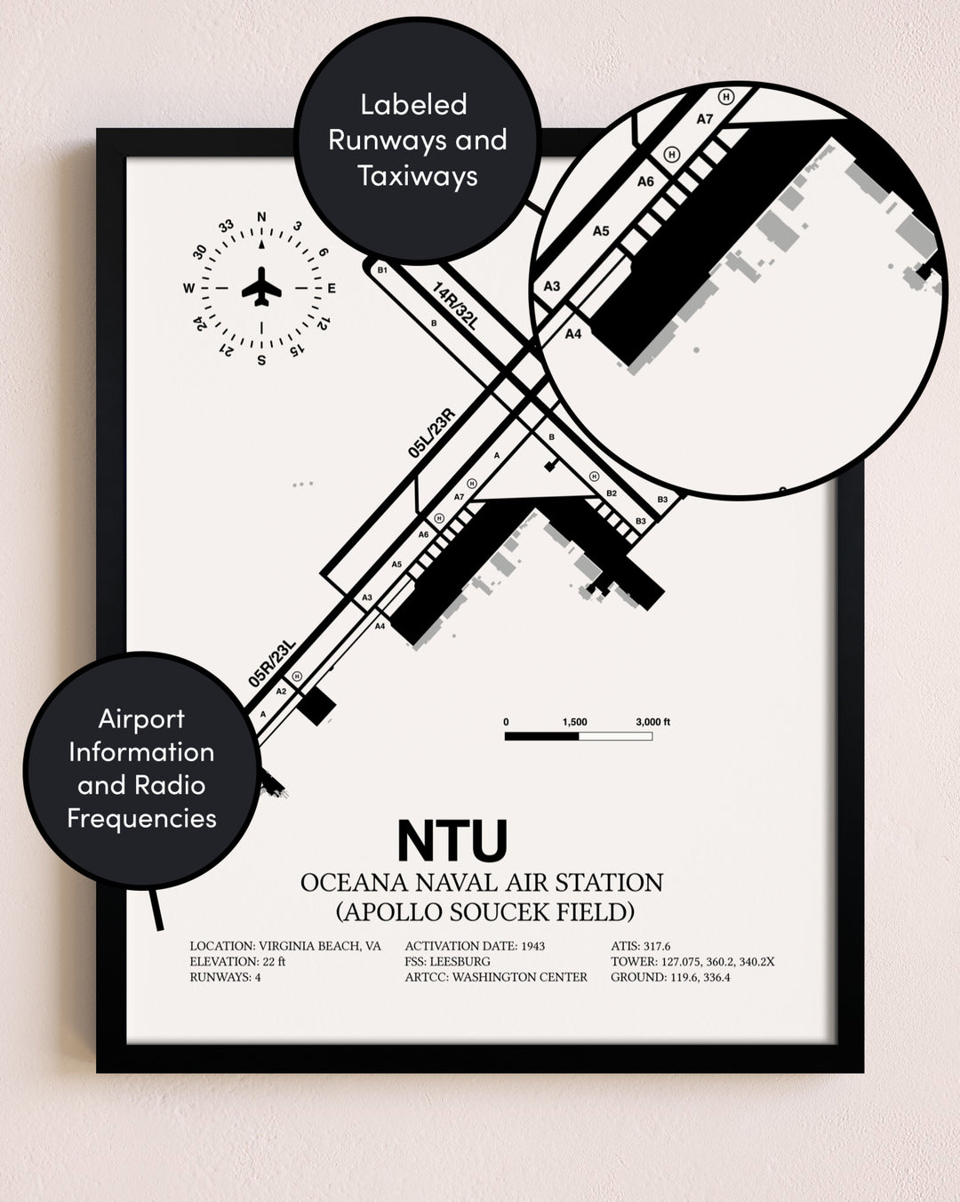Framed Oceana Naval Air Station (Apollo Soucek Field) layout wall art poster