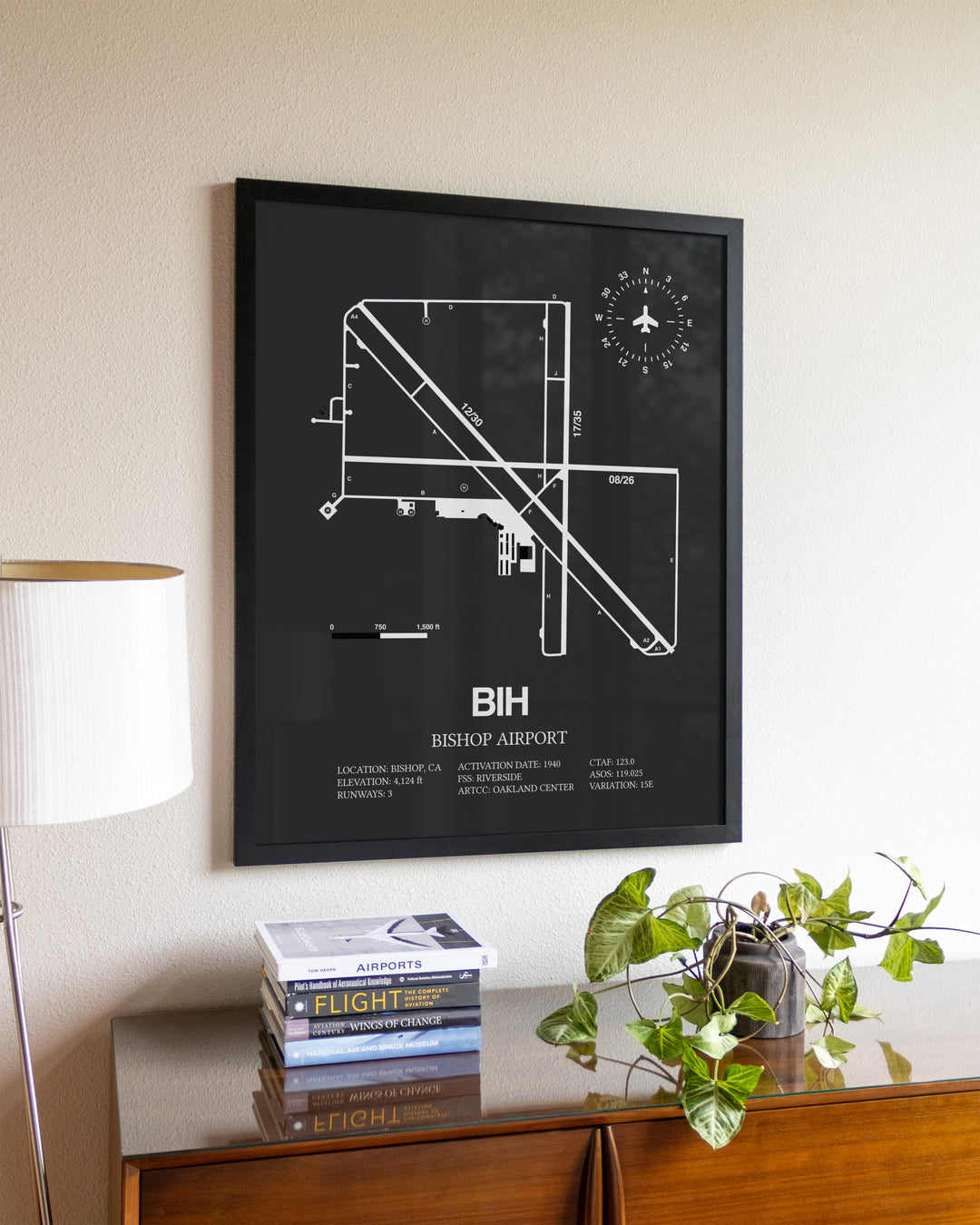 Gray Framed Bishop Airport wall art poster in black frame