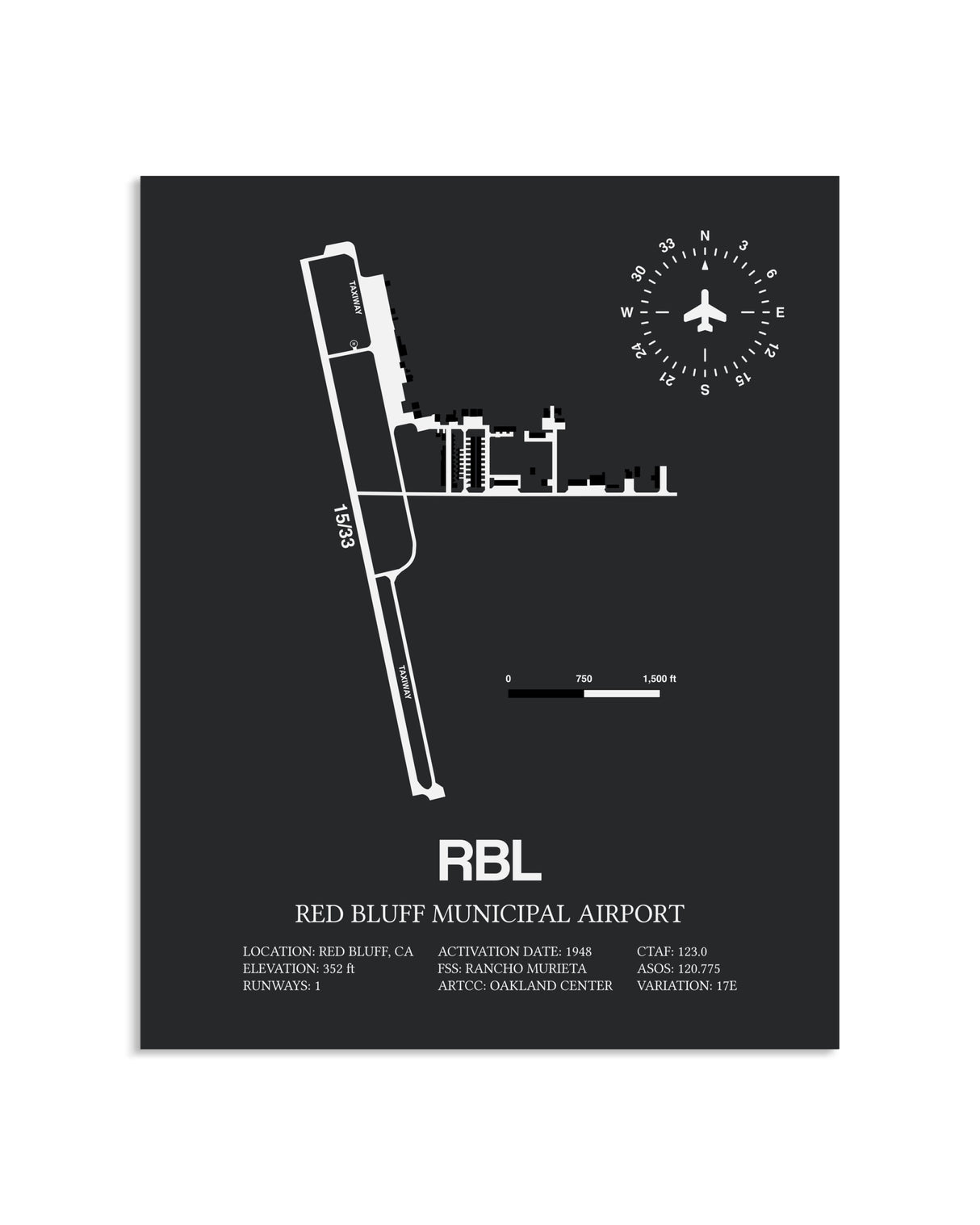 Gray Framed Red Bluff Municipal Airport layout wall art poster