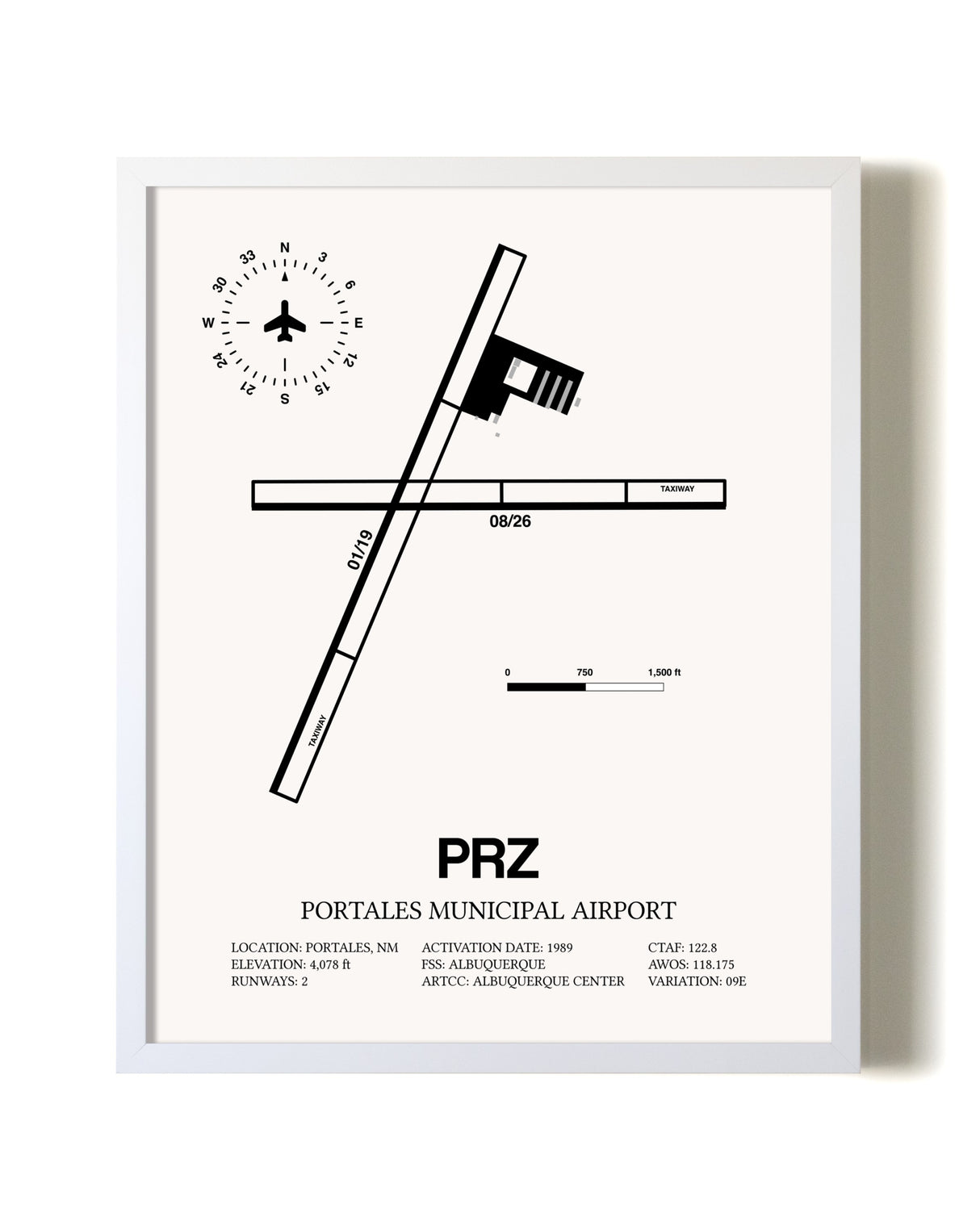 Portales Municipal Airport airport map poster in oak frame