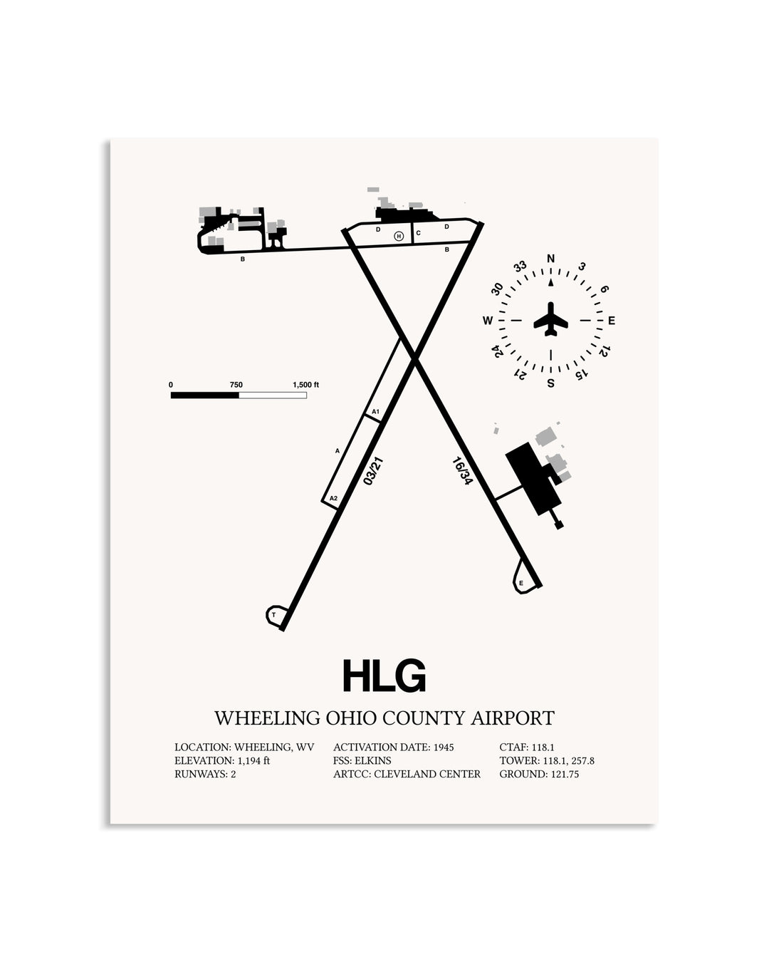 Gray Wheeling Ohio County Airport framed poster displayed in an airplane hangar