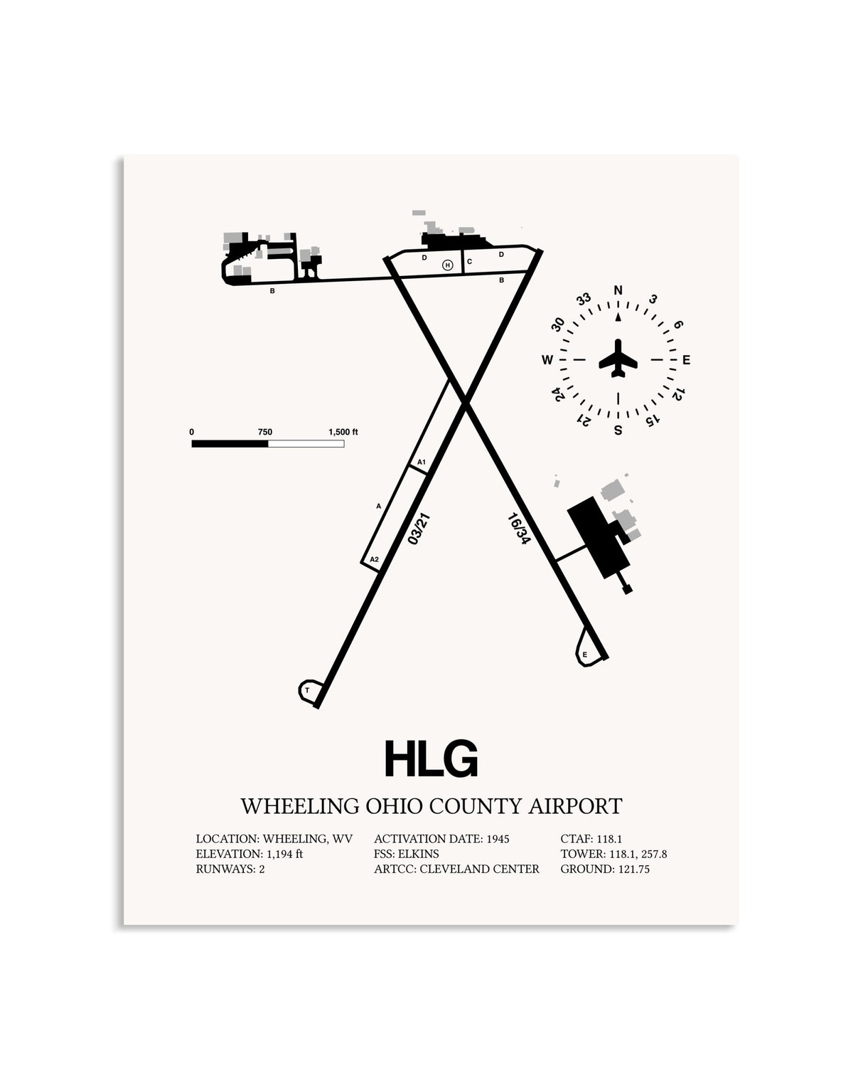 Gray Wheeling Ohio County Airport framed poster displayed in an airplane hangar