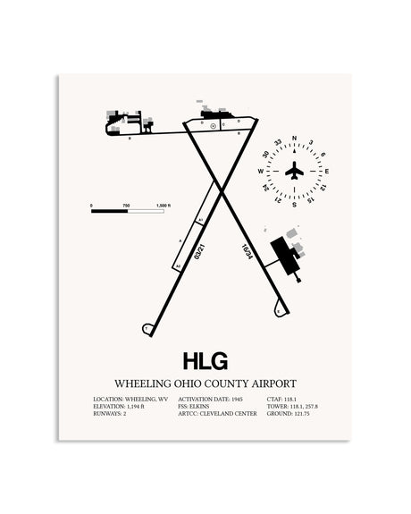 Gray Wheeling Ohio County Airport framed poster displayed in an airplane hangar