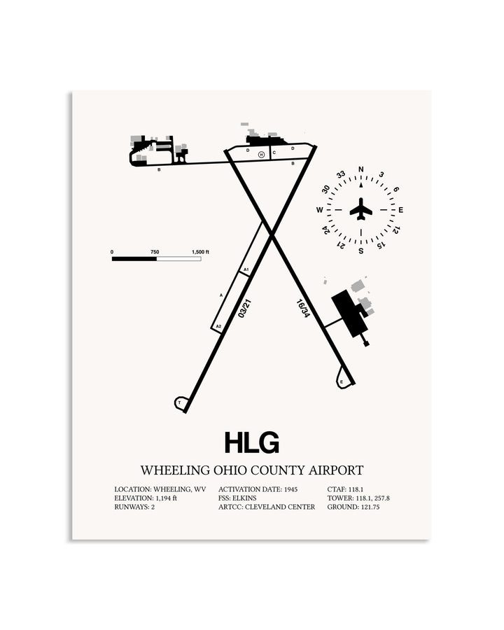 Gray Wheeling Ohio County Airport framed poster displayed in an airplane hangar