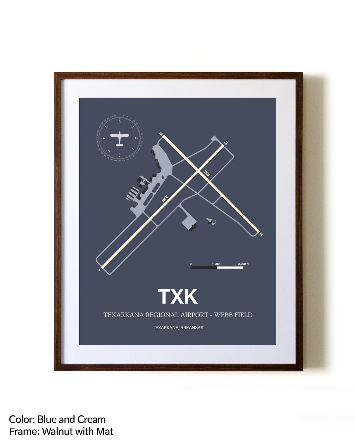 Texarkana Regional Airport - Webb Field aviation print in walnut frame with mat