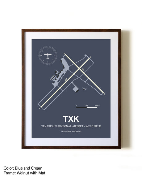 Texarkana Regional Airport - Webb Field aviation print in walnut frame with mat