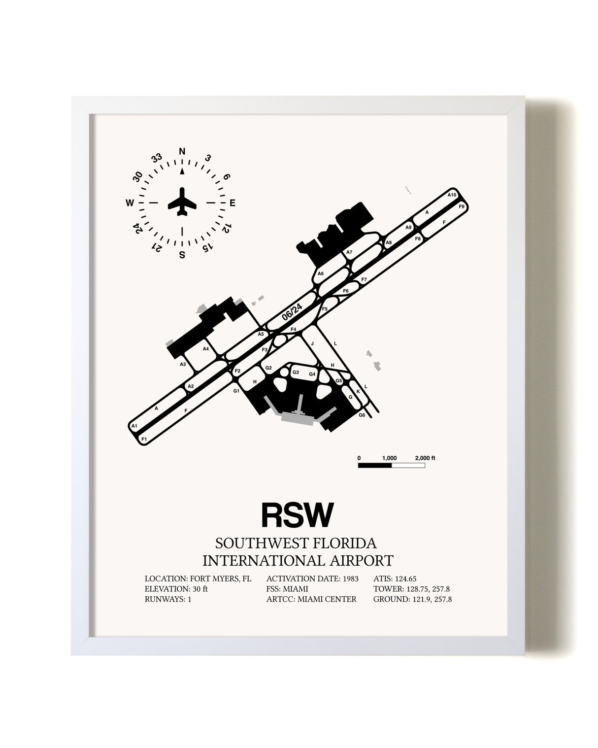 Southwest Florida International Airport airport map poster in oak frame