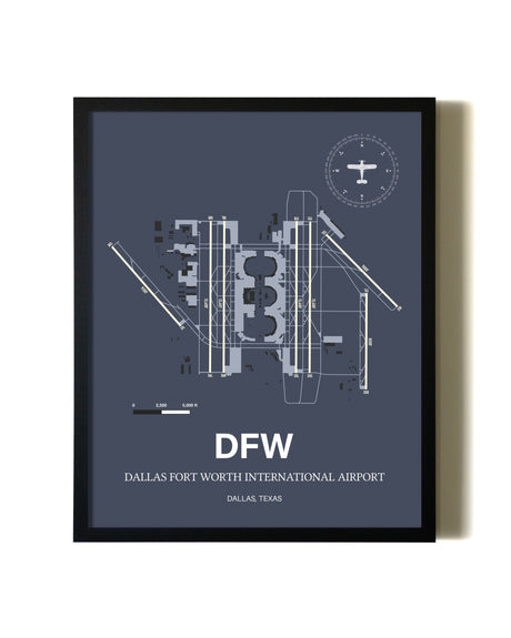 Blue and Cream Framed Dallas-Fort Worth International Airport layout wall art poster