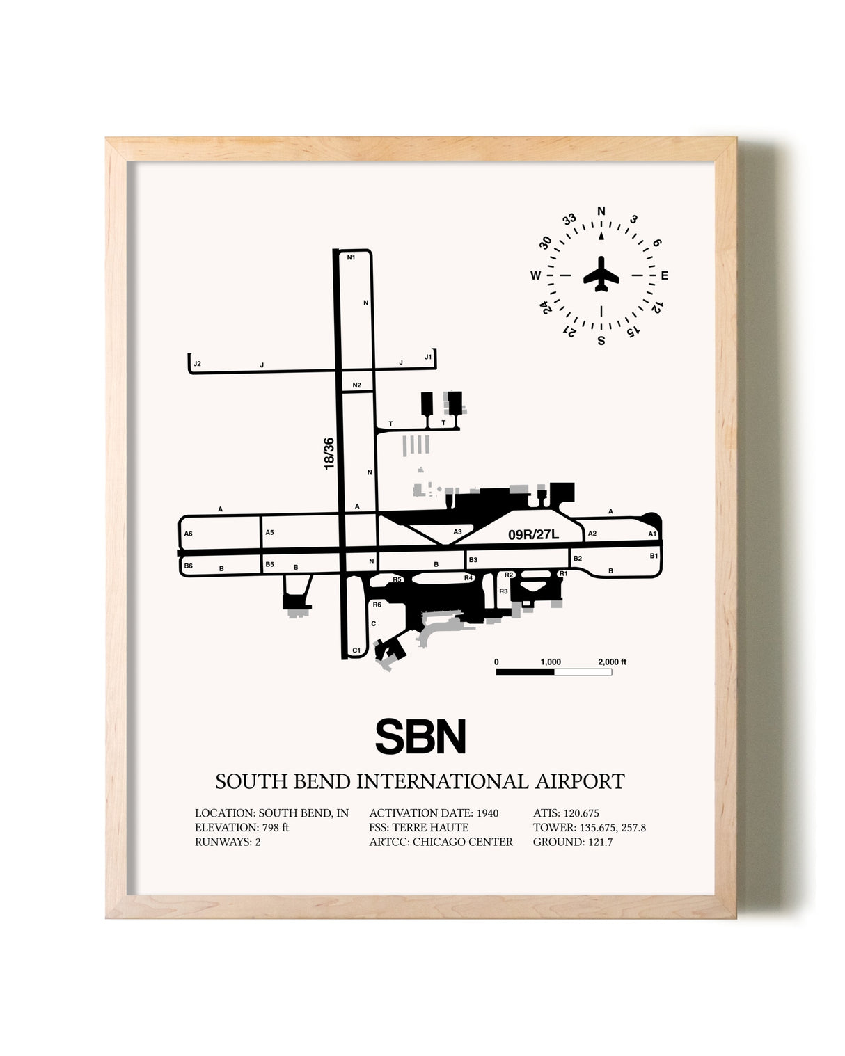 South Bend International Airport framed wall art in white frame
