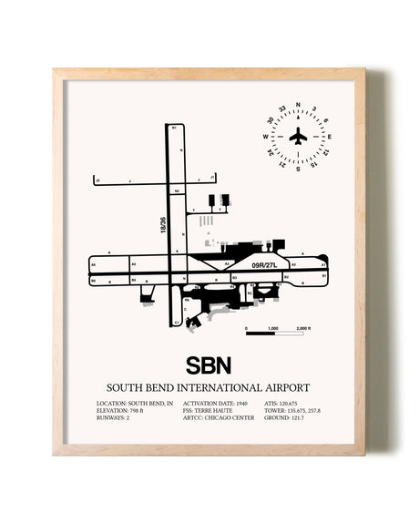 South Bend International Airport framed wall art in white frame