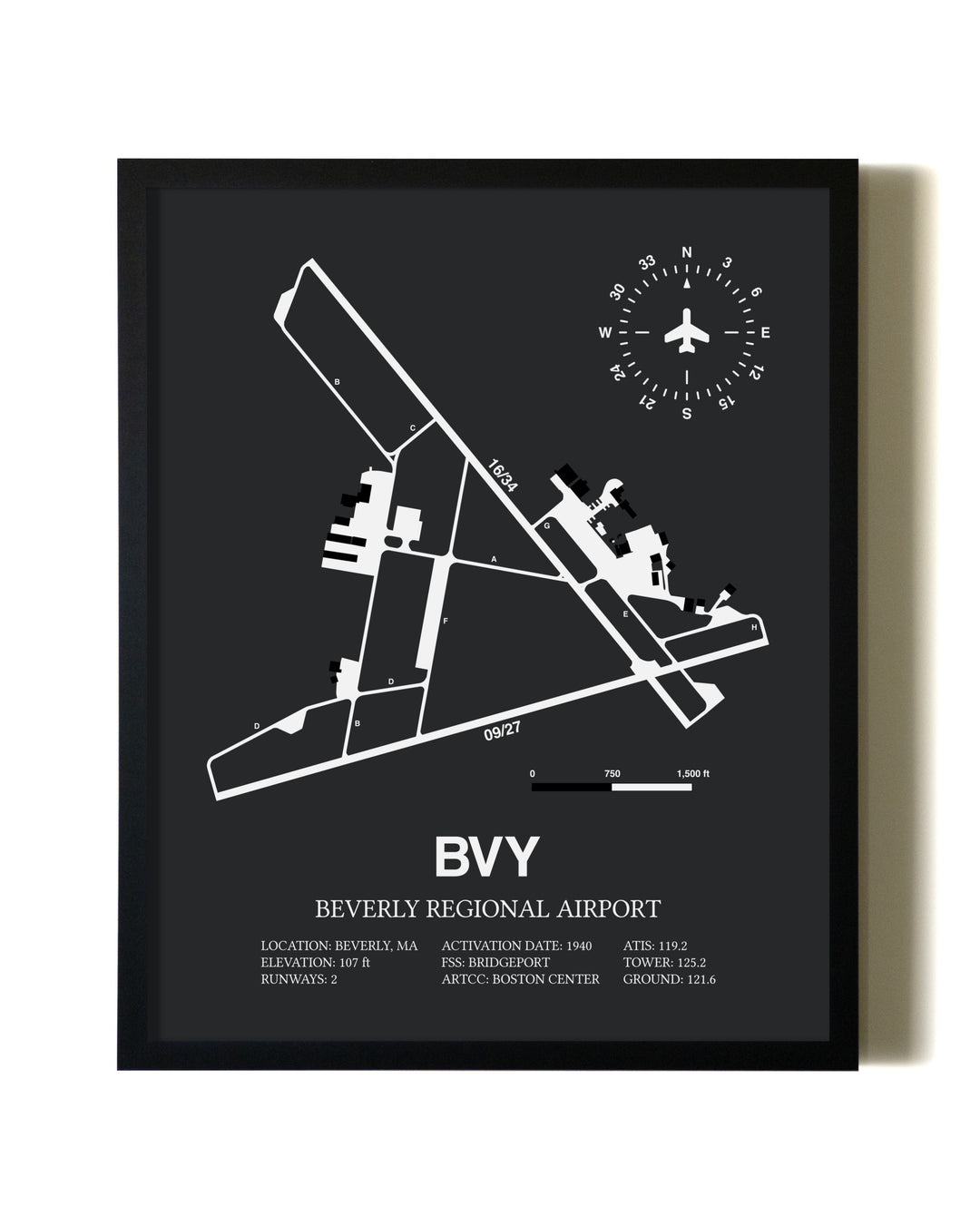 Unframed Beverly Regional Airport map print poster