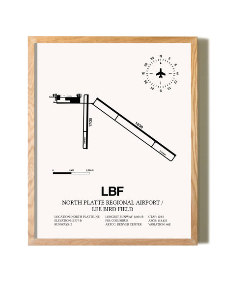 North Platte Regional Airport / Lee Bird Field framed print in natural wood frame