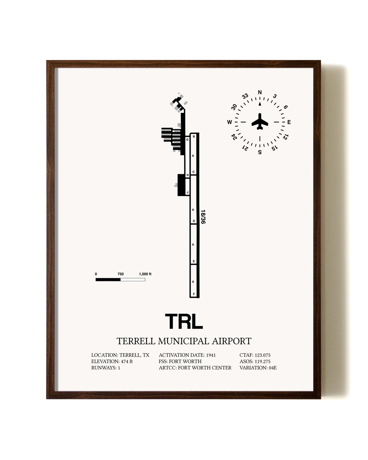 Terrell Municipal Airport aviation print in walnut frame